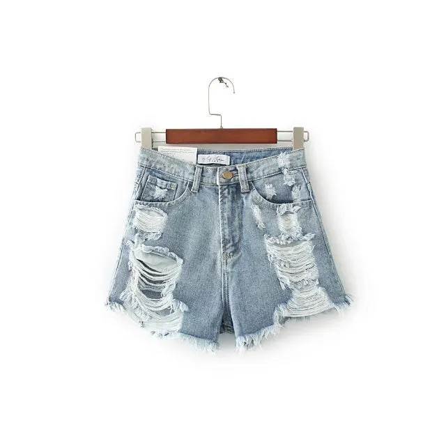 Retro Hole High Waist Denim Rough Slim Shorts