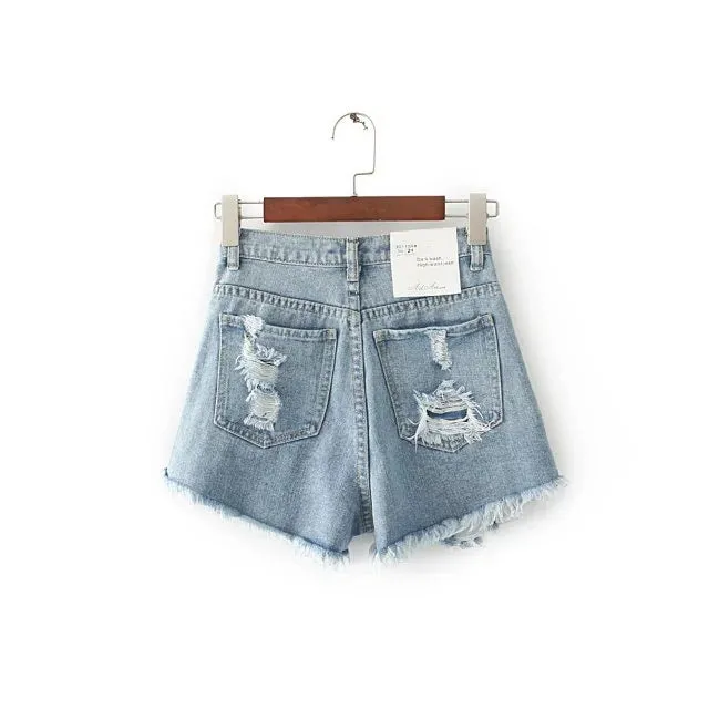 Retro Hole High Waist Denim Rough Slim Shorts