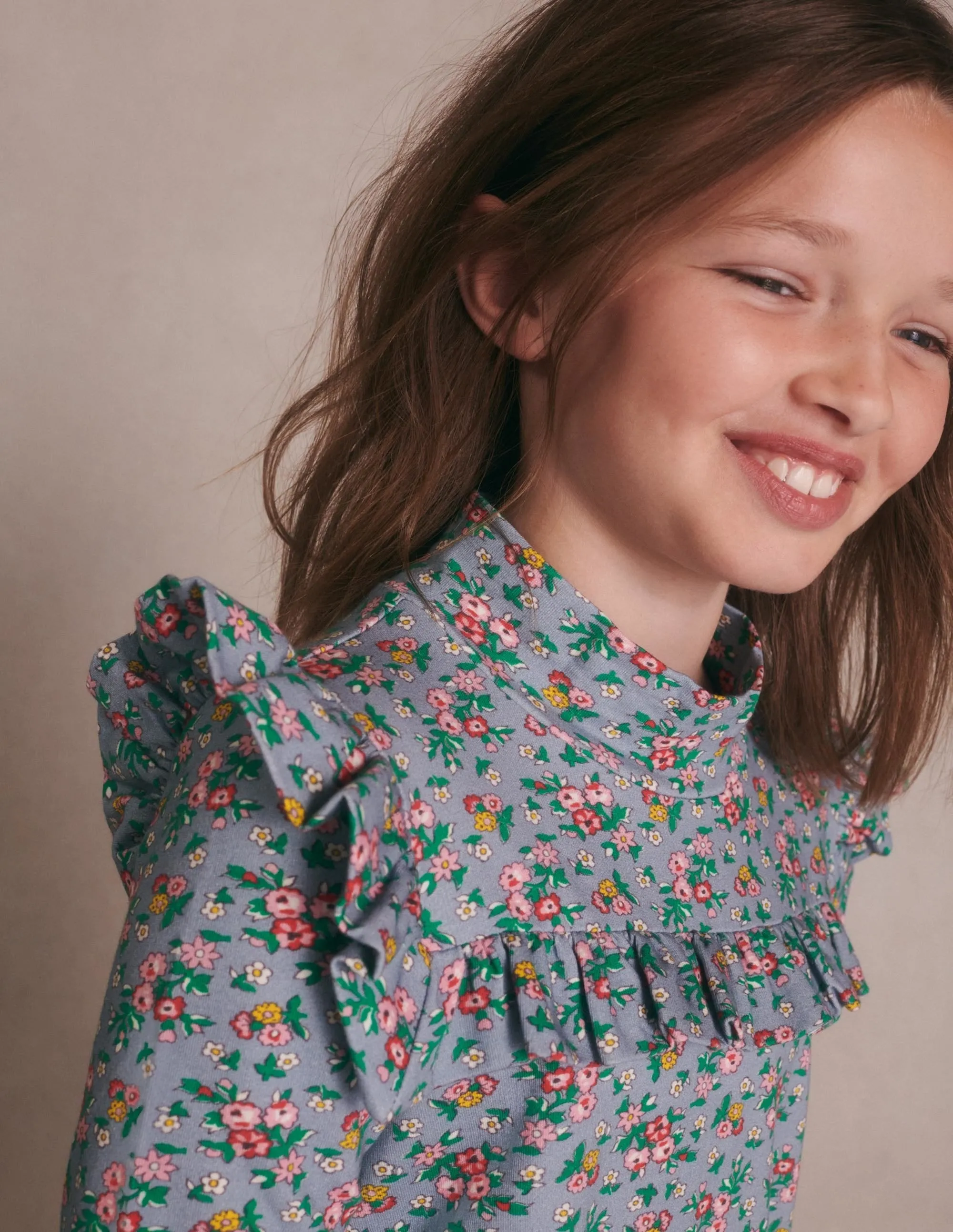 Roll Neck Midi Dress-Dusty Blue Flower Bouquet