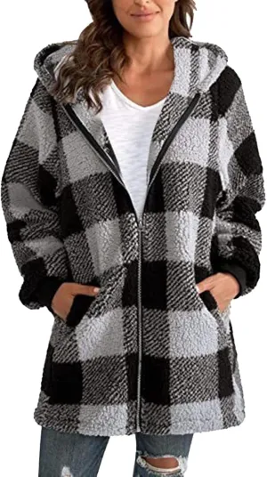 Shackets for Women 2024 Fall Zip Up Fuzzy Flannel Plaid Jacket Plus Size Casual Warm Winter Fleece Long Hoodie