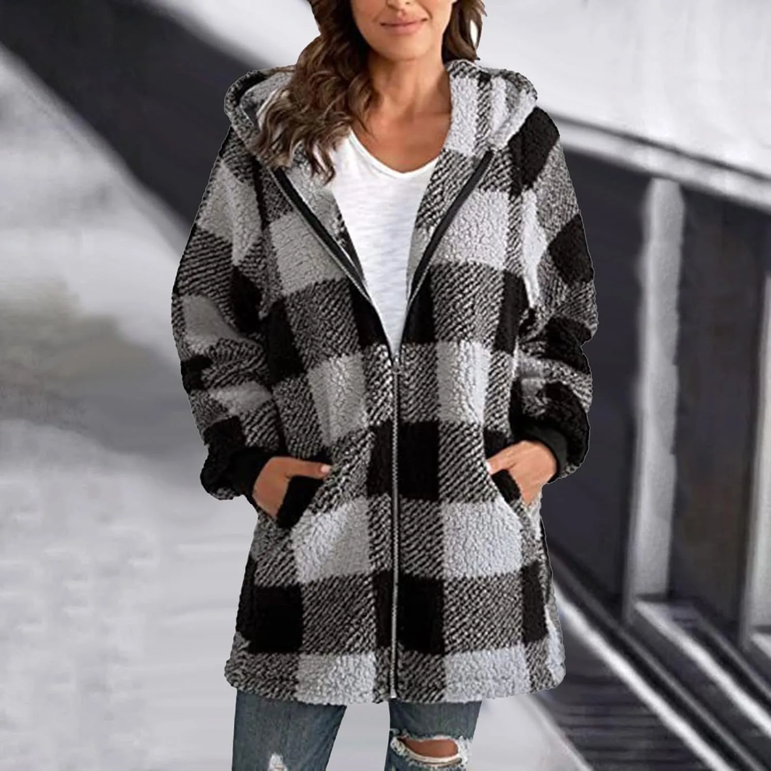 Shackets for Women 2024 Fall Zip Up Fuzzy Flannel Plaid Jacket Plus Size Casual Warm Winter Fleece Long Hoodie