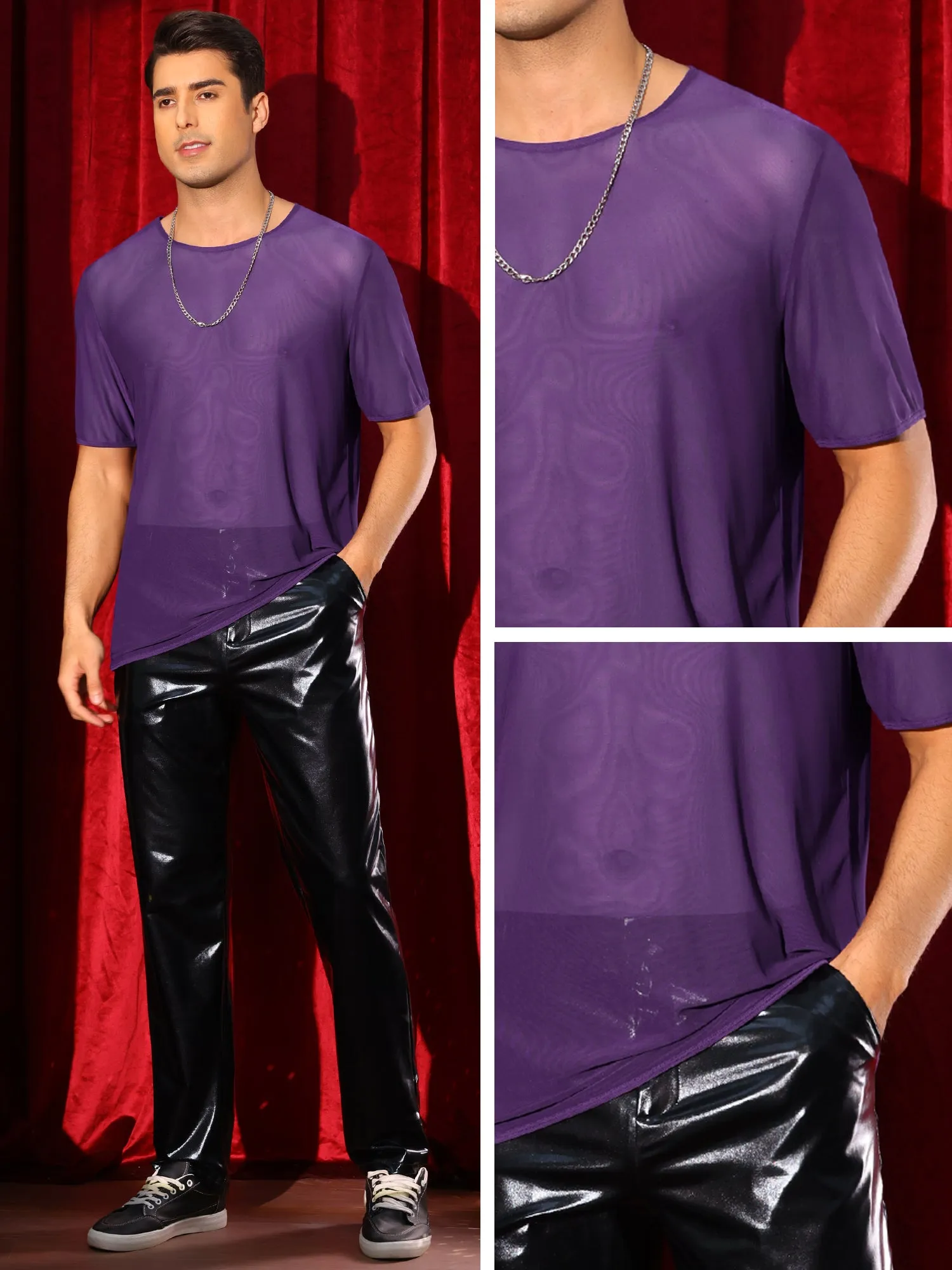Sheer Mesh T-Shirt for Men's Short Sleeve Tee Top Crew Neck Party See Through t Shirts