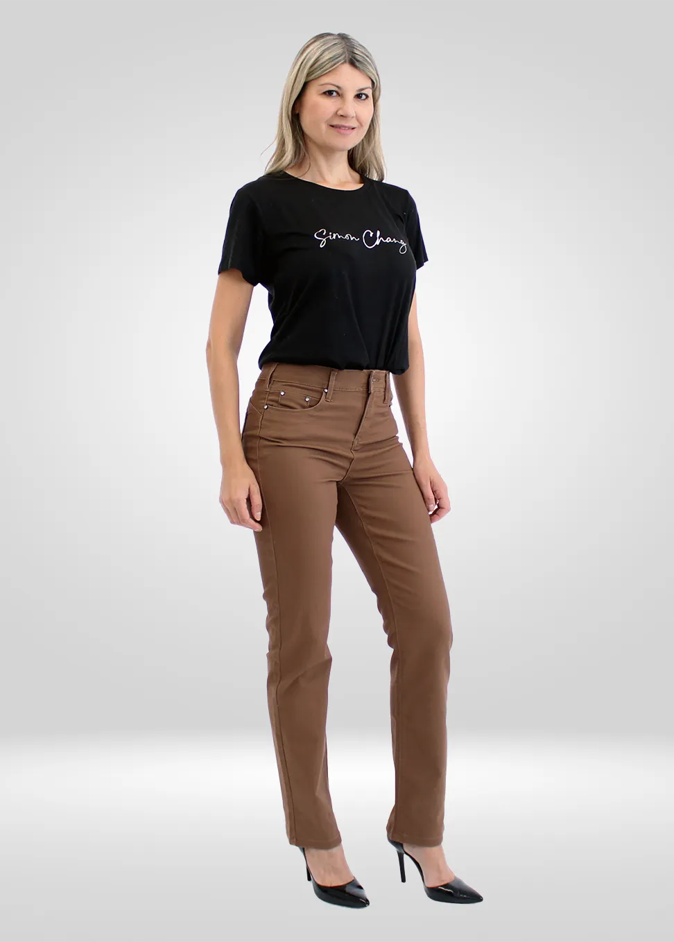 Simon Chang Jeweled Camel High Waisted Pant