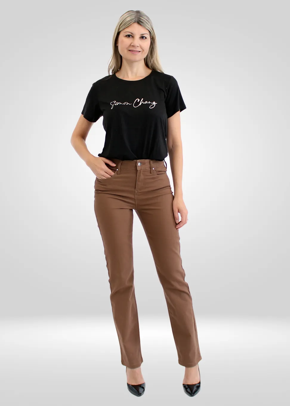 Simon Chang Jeweled Camel High Waisted Pant
