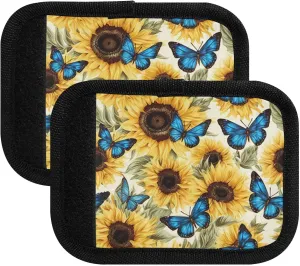 SPRIPORT Sunflower Blue Butterflies 2 Pack Luggage Handle Wraps for Suitcase Identifier Luggage Makers Covers with ID Tag Luggage Bag Grip Protector Saddle for Flying Airplane Travel Shopping Bag