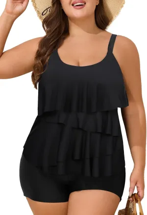 Summer Mae Plus Size Swimsuit for Women Ruffle Tankini Bathing Suits 2 Pieces 2025 Tummy Control Swimwear with Shorts