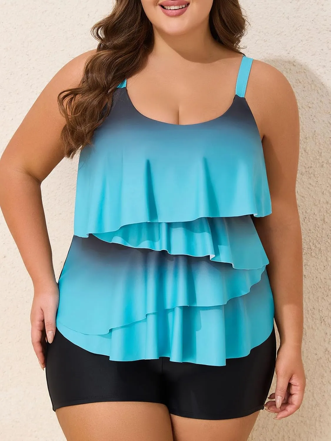 Summer Mae Plus Size Swimsuit for Women Ruffle Tankini Bathing Suits 2 Pieces 2025 Tummy Control Swimwear with Shorts