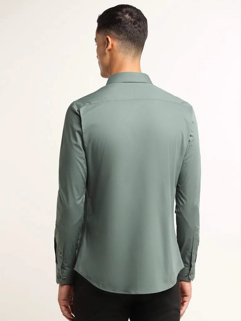 WES Formals Green Solid Cotton Blend Ultra Slim Fit Shirt