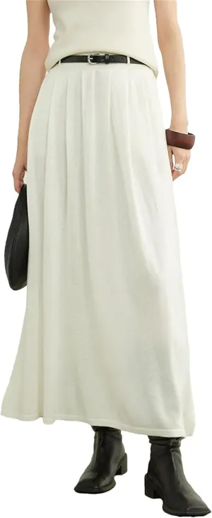 Women Winter Wool Knitted Pleated Skirt Elastic Waist Loose A-Line Casual Midi Skirts Holiday Skirt