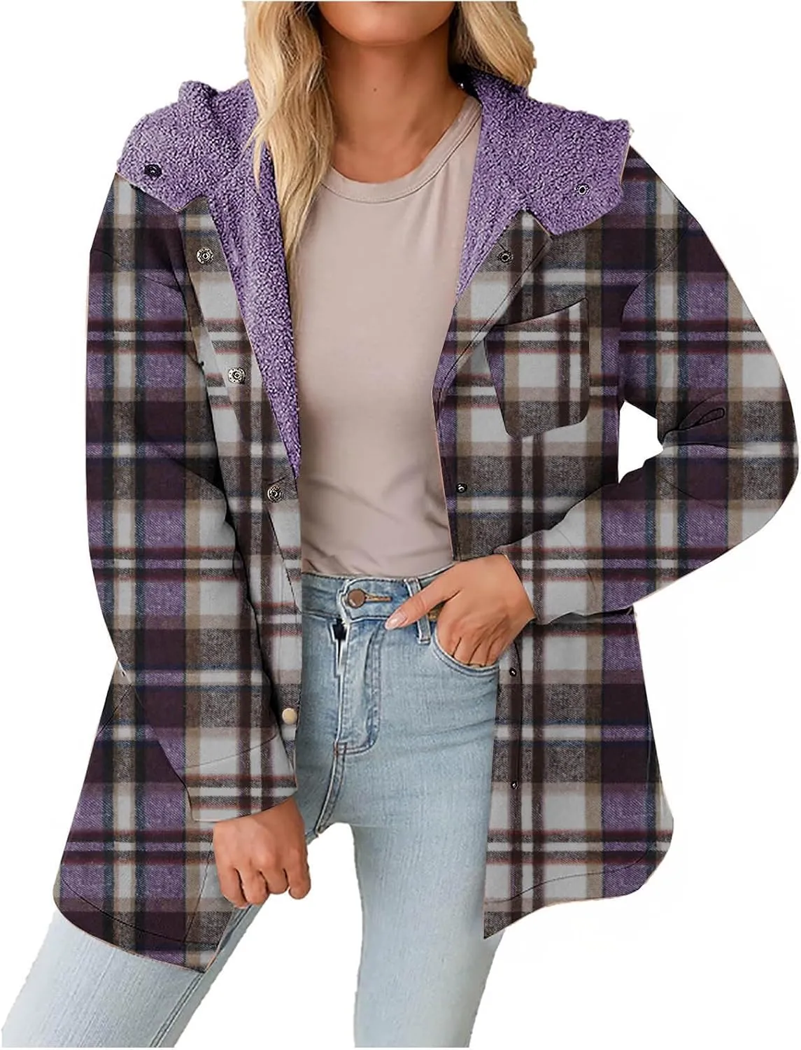 Women Wool Blend Trench Coat Plaid Trench Coat Fleece Sherpa Lined Shacket Jacket Hooded Oversized Color Block Hoodie