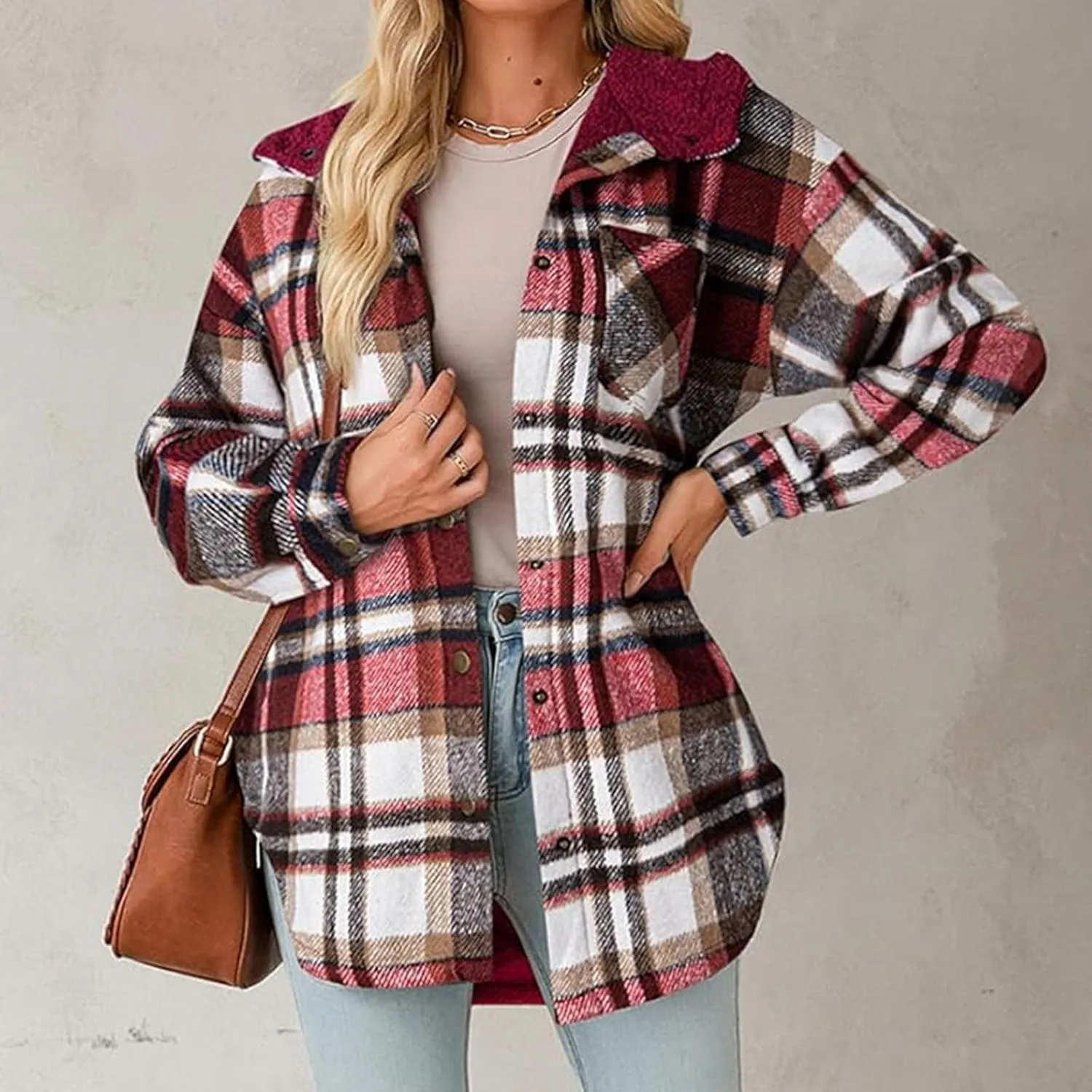 Women Wool Blend Trench Coat Plaid Trench Coat Fleece Sherpa Lined Shacket Jacket Hooded Oversized Color Block Hoodie