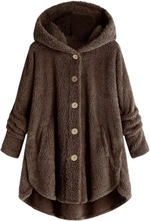 Womens Fleece Jackets Winter Hooded Coats 2024 Trendy Oversized Button Down Cardigan Sweater Warm Sweatshirt with Pocket