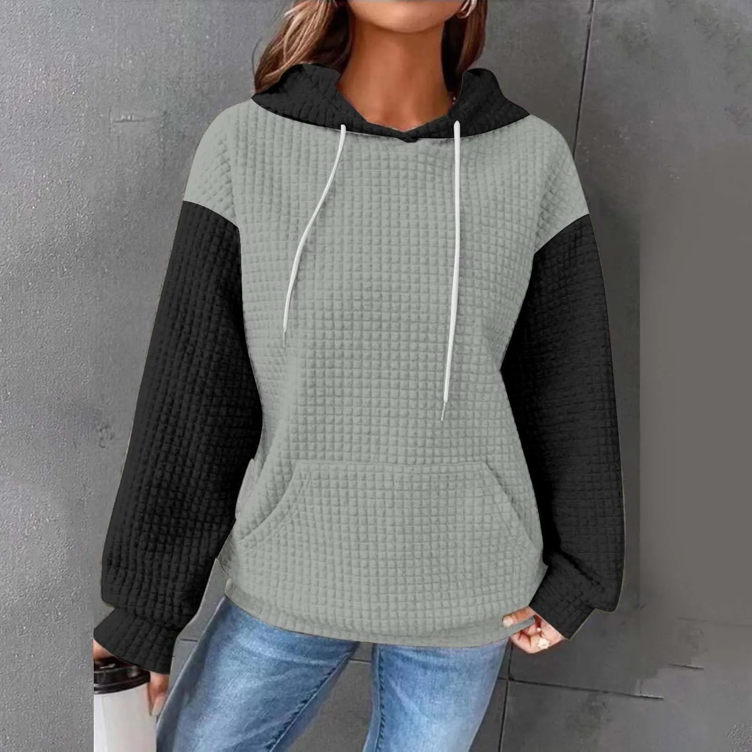 Womens Hoodies Oversized Sweatshirts 2024 Fashion Block Color Casual Crewneck Long Sleeve Loose Fit Winter Clothes