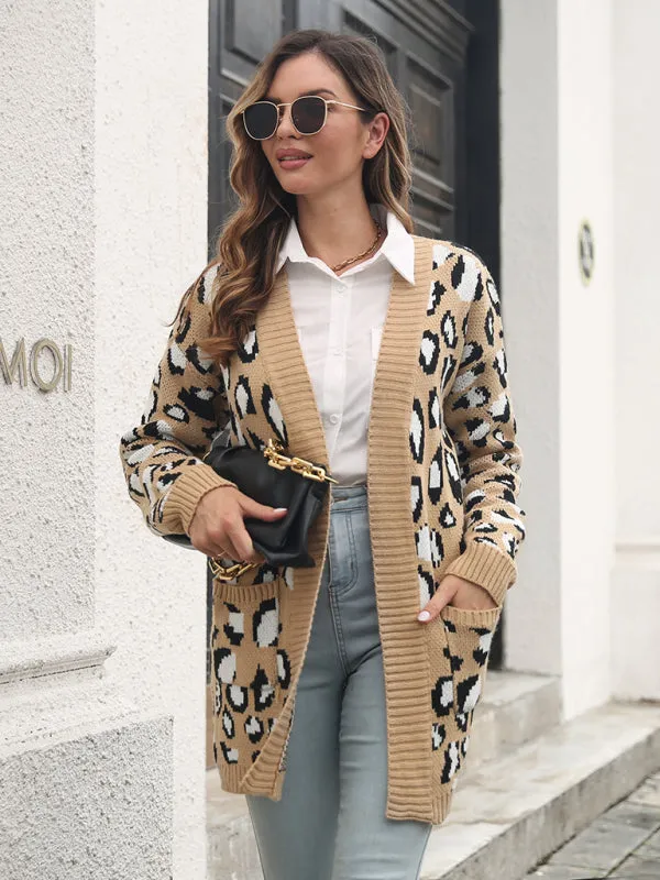 Women's leopard jacquard cardigan pocket long knitted sweater