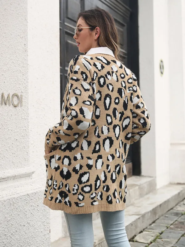 Women's leopard jacquard cardigan pocket long knitted sweater
