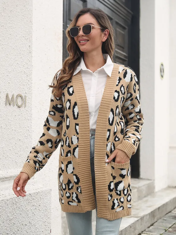 Women's leopard jacquard cardigan pocket long knitted sweater