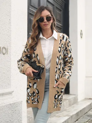 Women's leopard jacquard cardigan pocket long knitted sweater