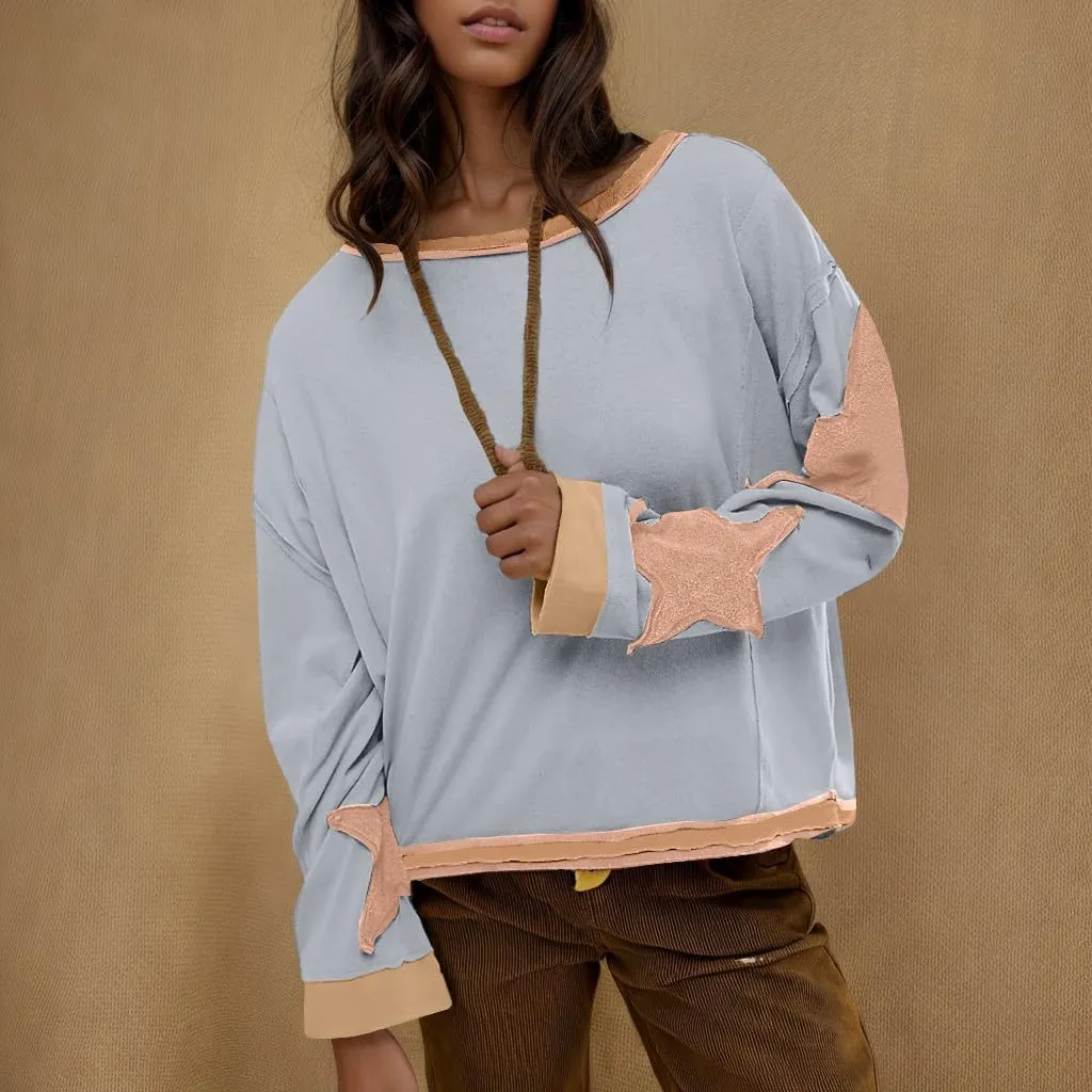 Women's Oversized Star Sweatshirt Long Sleeve Y2k Shirts Drop Shoulder Vintage Graphic Crewneck Jacket Preppy Clothes
