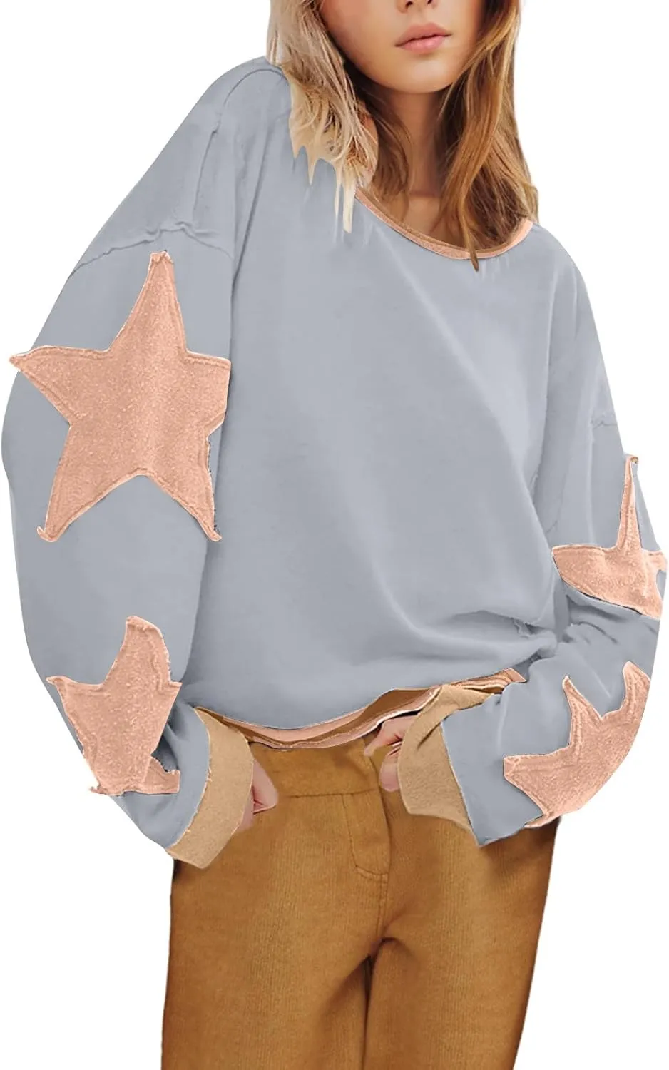 Women's Oversized Star Sweatshirt Long Sleeve Y2k Shirts Drop Shoulder Vintage Graphic Crewneck Jacket Preppy Clothes
