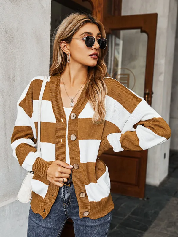 Women's Single Breasted Drop Sleeve Striped Sweater