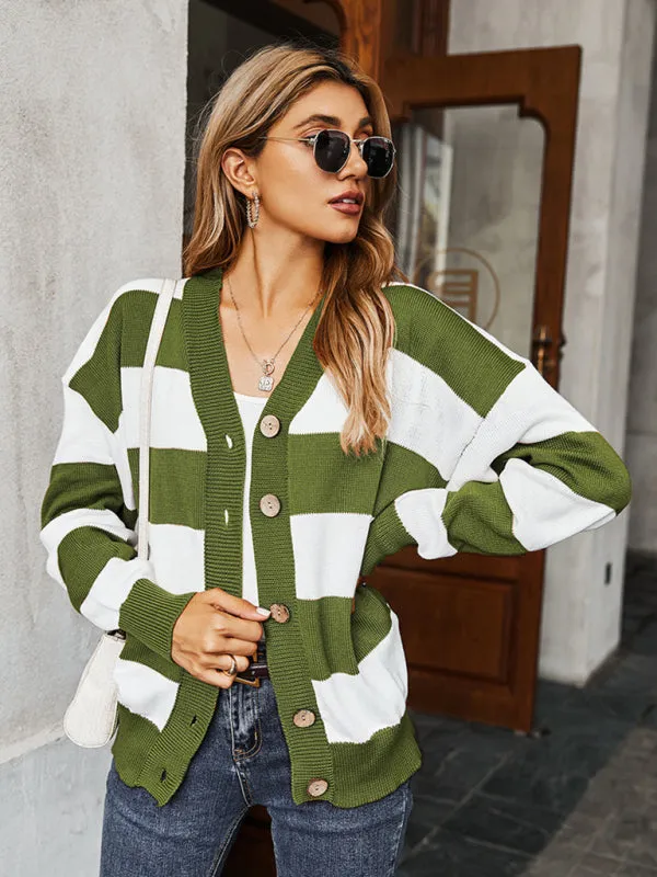Women's Single Breasted Drop Sleeve Striped Sweater
