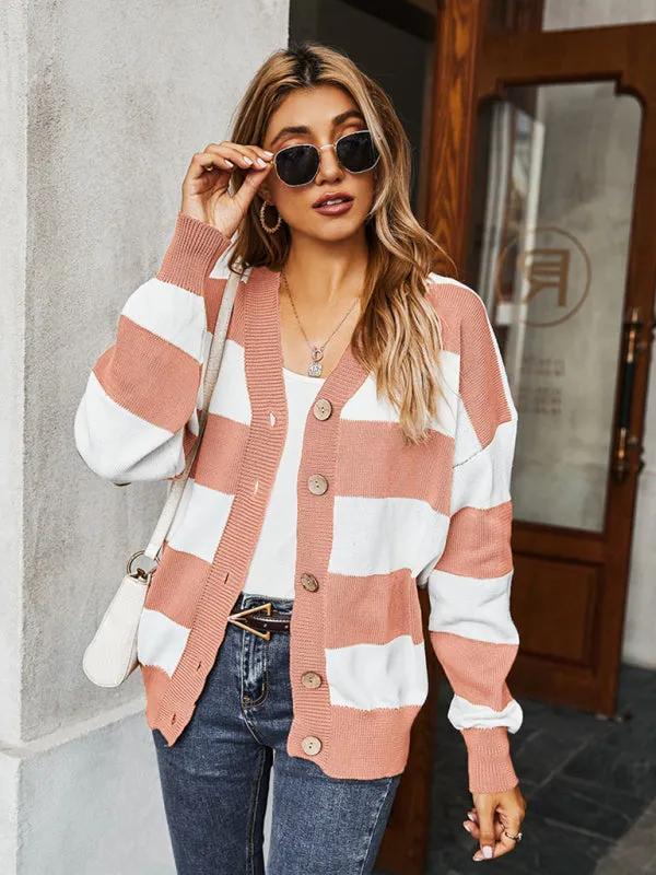 Women's Single Breasted Drop Sleeve Striped Sweater