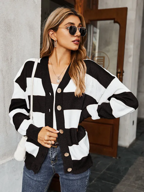 Women's Single Breasted Drop Sleeve Striped Sweater