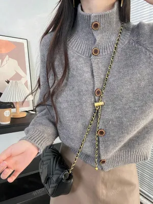 Women's Solid Color Raglan Sleeve Long Sleeve Fashionable Versatile High Neck Knit Cardigan, Autumn/Winter