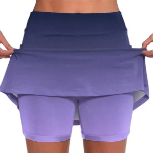 Womens Summer Athletic Culottes 2024 Fashionable Gradient Color Mid Waisted Shorts Pants Double Layer Tennis Yoga Pantskirts