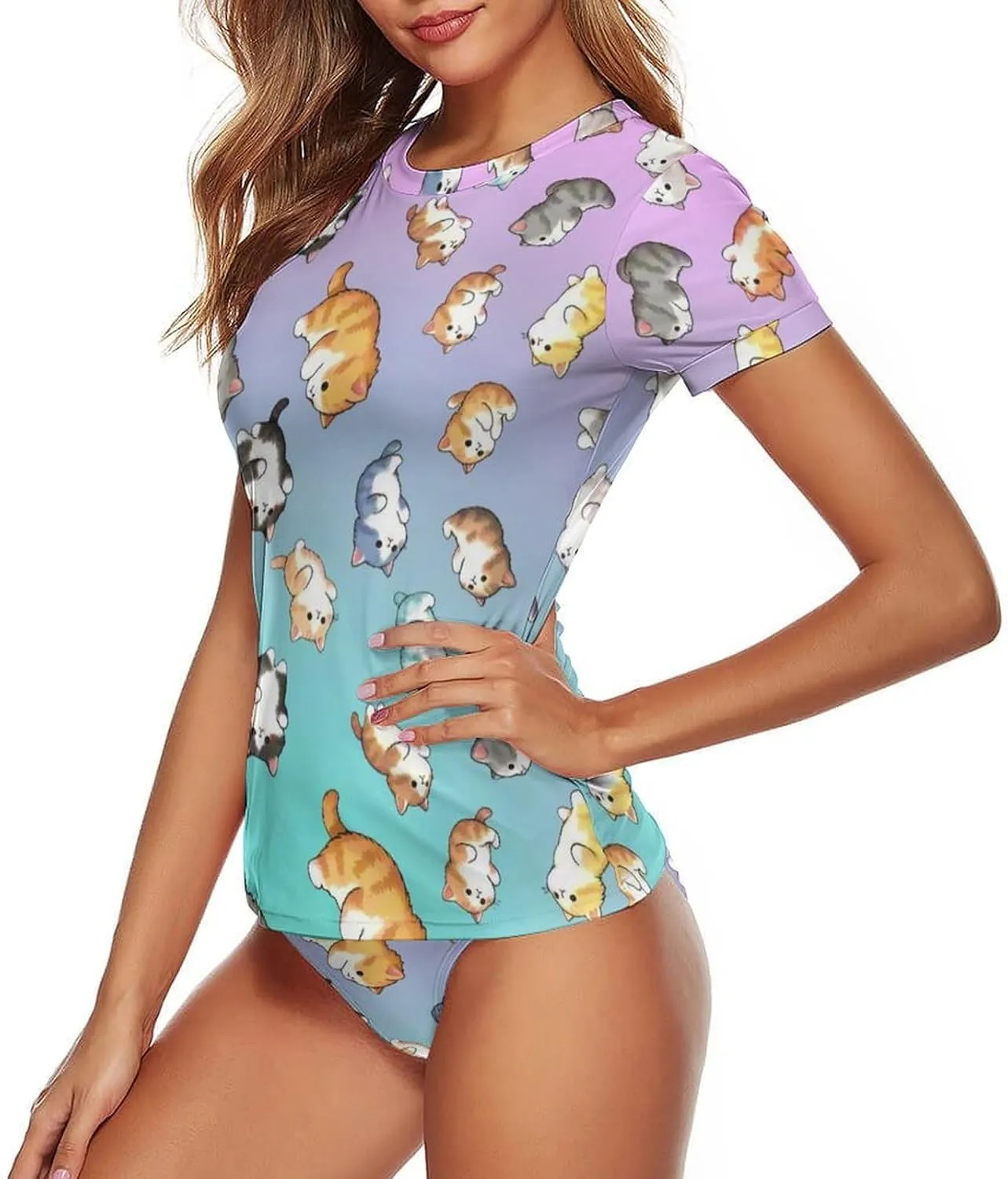 Women's Two Piece Rash Guard Short Sleeve Swim Shirt Built in Bra Bathing Suit with Bottoms