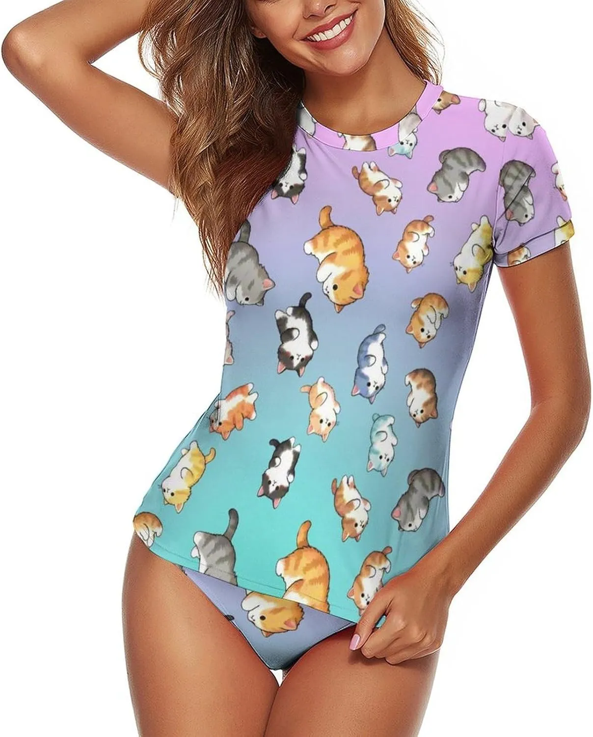 Women's Two Piece Rash Guard Short Sleeve Swim Shirt Built in Bra Bathing Suit with Bottoms