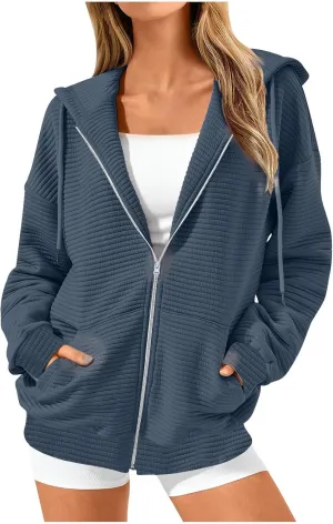 Womens Waffle Knit Hooded Jackets Full Zip Drawstring Hoodies Pullover Oversized Sweatshirt Trendy Fall Outfits
