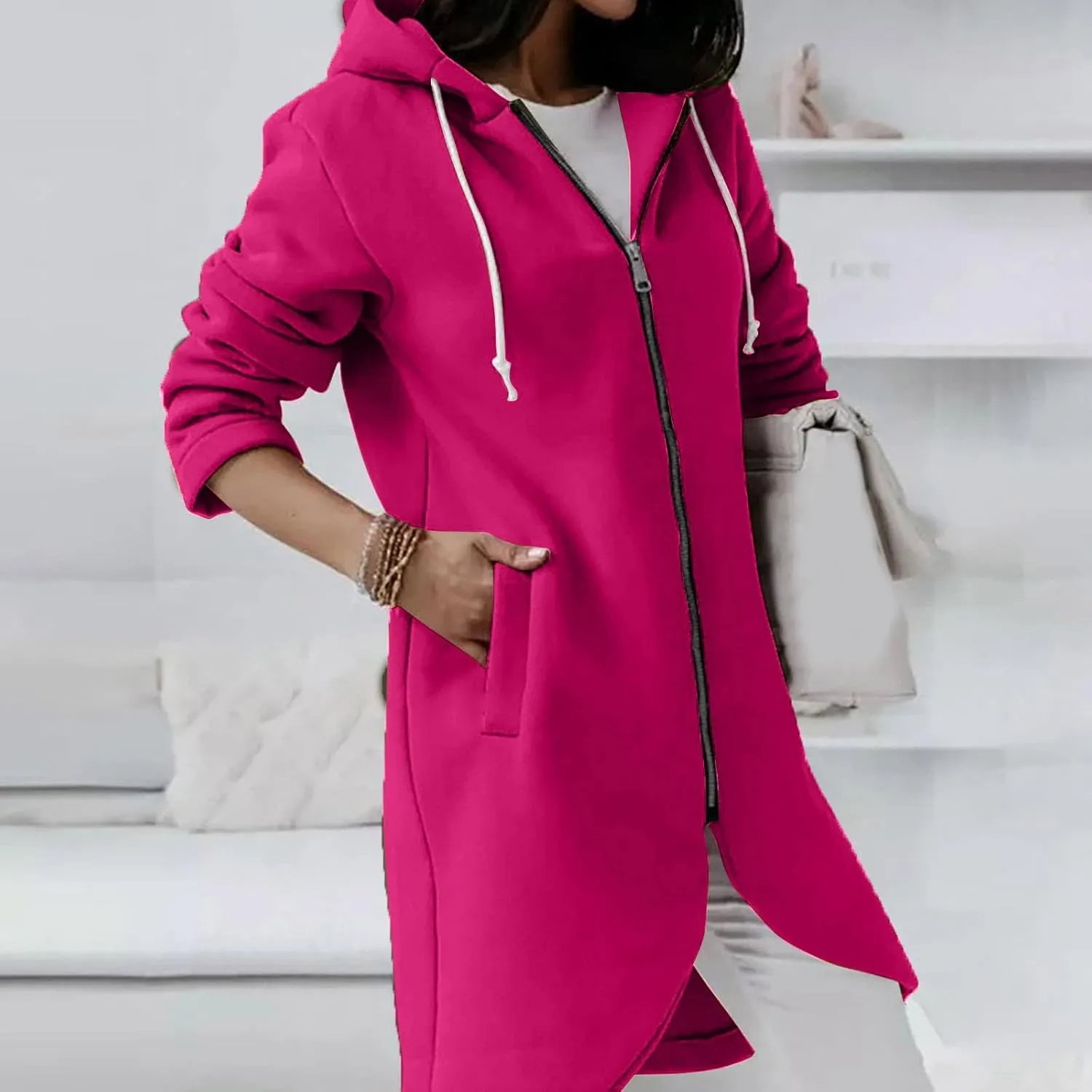 Womens Zip Up Hoodies Oversized Fleece Long Sleeve Sweatshirts Drawstring Casual Jacket Coat with Pockets