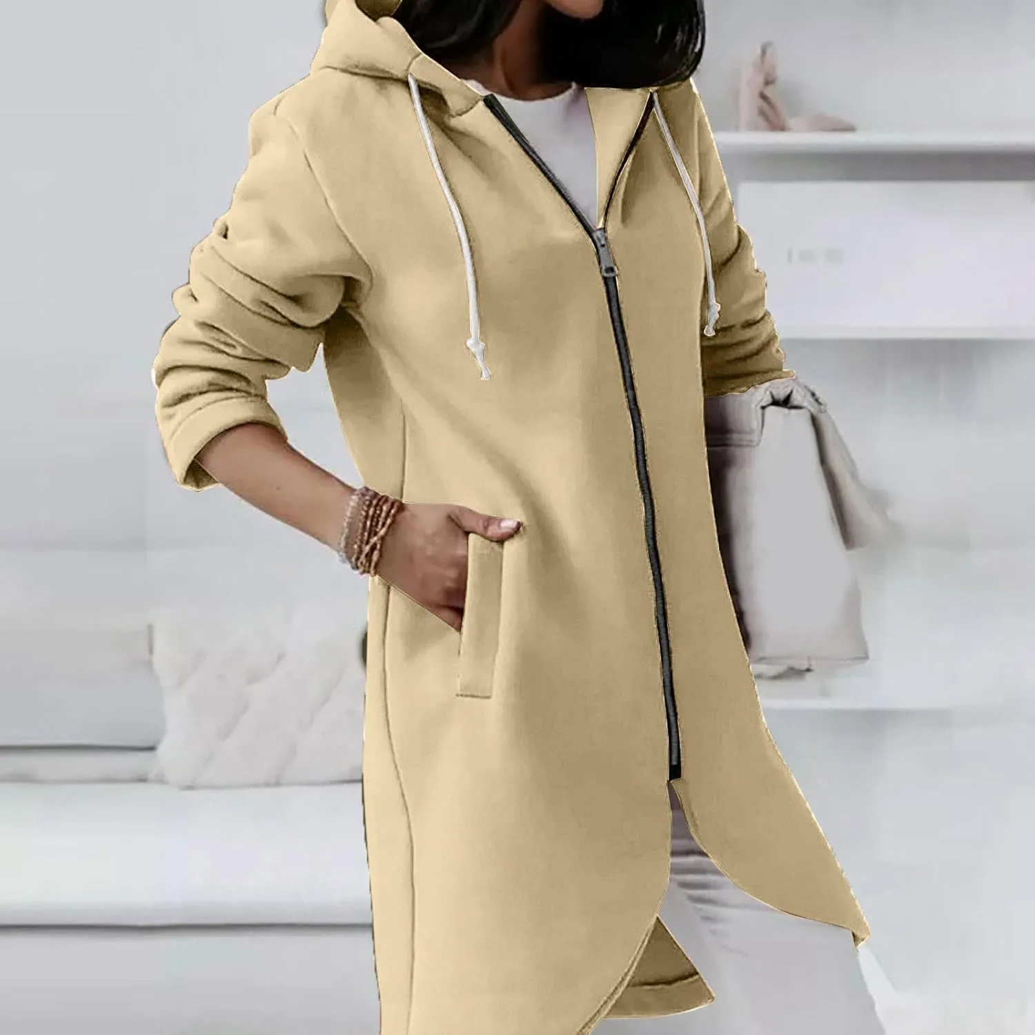 Womens Zip Up Hoodies Oversized Fleece Long Sleeve Sweatshirts Drawstring Casual Jacket Coat with Pockets