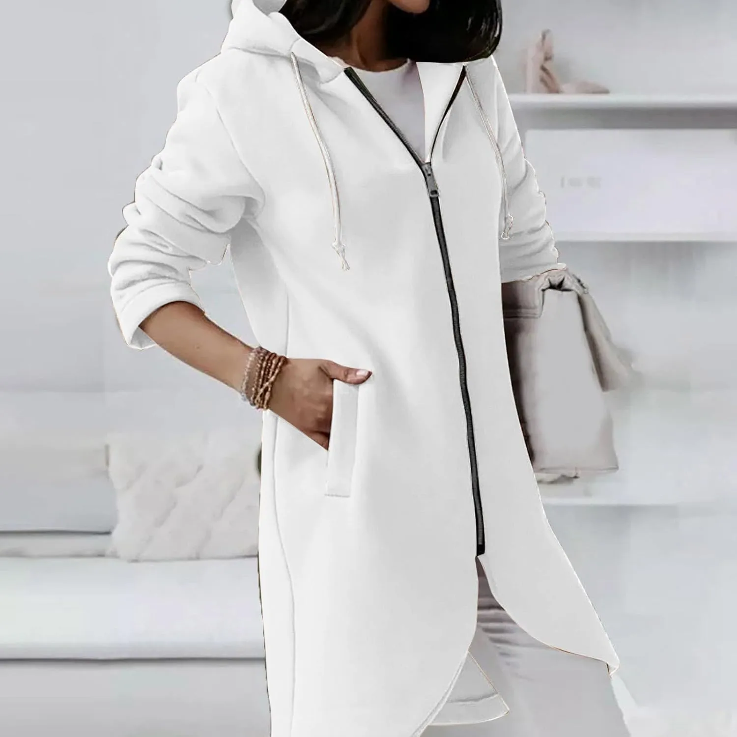 Womens Zip Up Hoodies Oversized Fleece Long Sleeve Sweatshirts Drawstring Casual Jacket Coat with Pockets