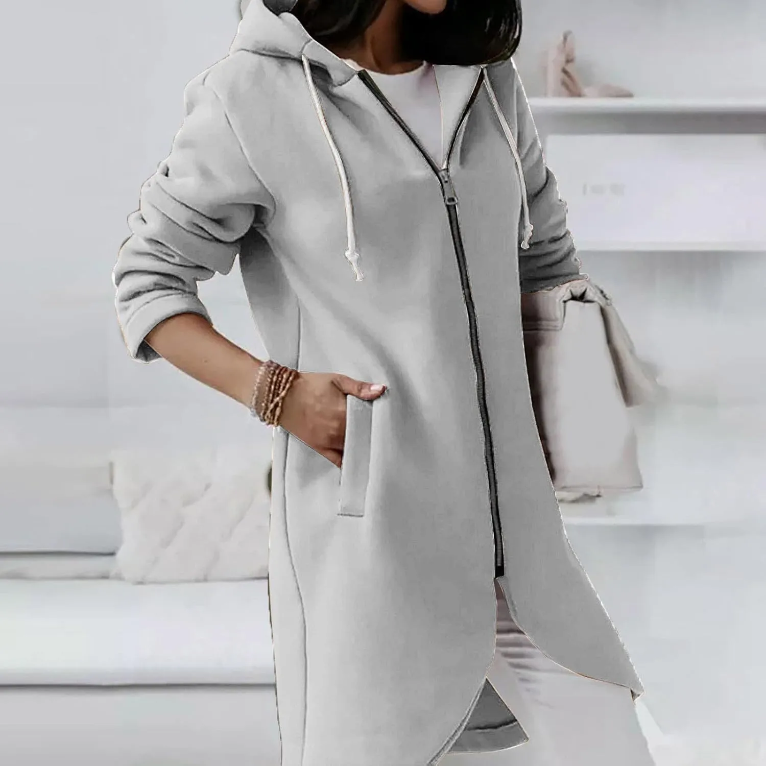 Womens Zip Up Hoodies Oversized Fleece Long Sleeve Sweatshirts Drawstring Casual Jacket Coat with Pockets