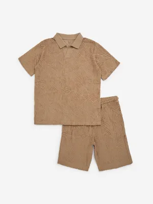 Y&F Kids Brown Self-Patterned Cotton T-Shirt and Shorts Set