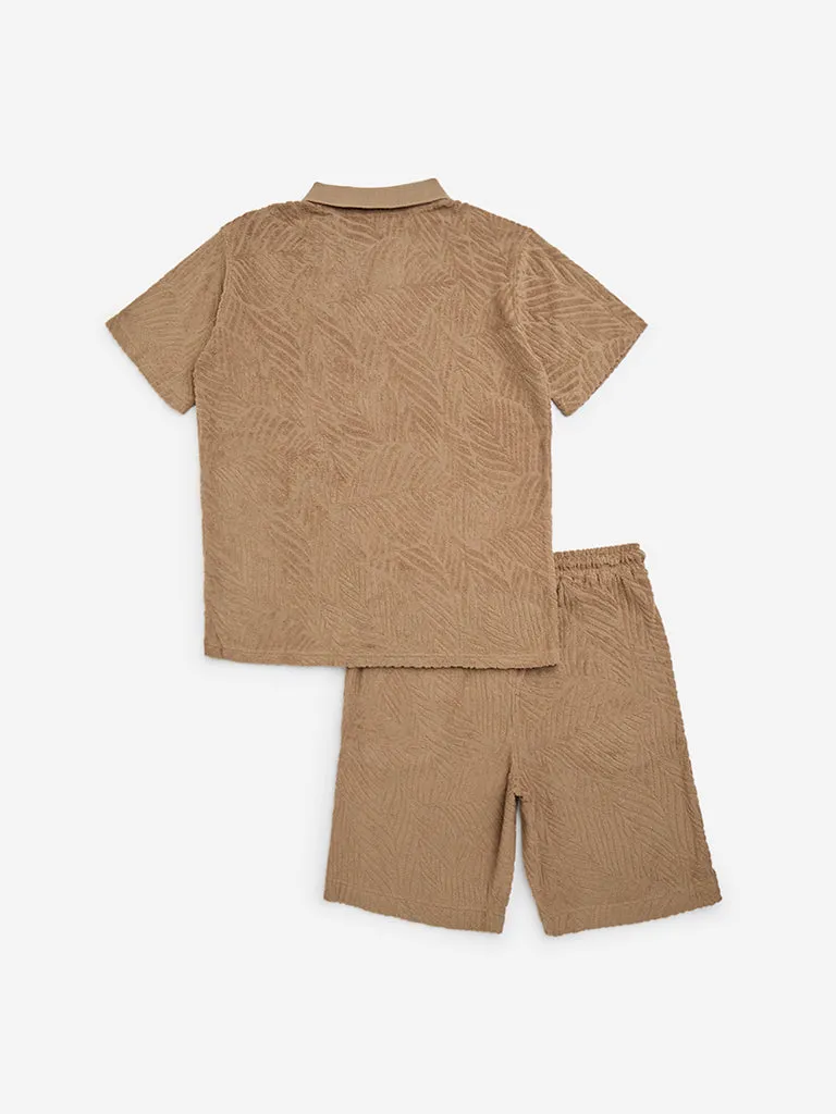 Y&F Kids Brown Self-Patterned Cotton T-Shirt and Shorts Set
