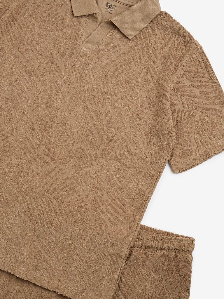 Y&F Kids Brown Self-Patterned Cotton T-Shirt and Shorts Set